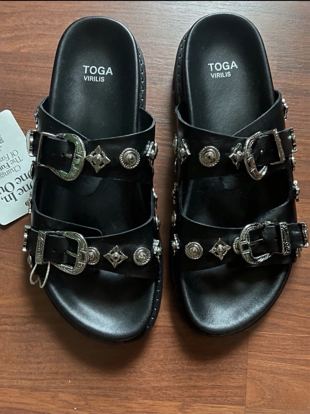TOGA Black Leather Double-Buckle Stud Slide Sandals